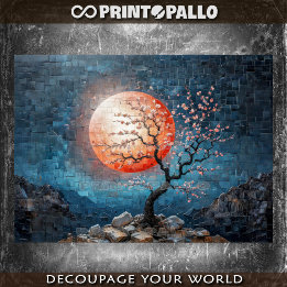 Mosaic landscape with red sun and a cherry tree  tissue paper