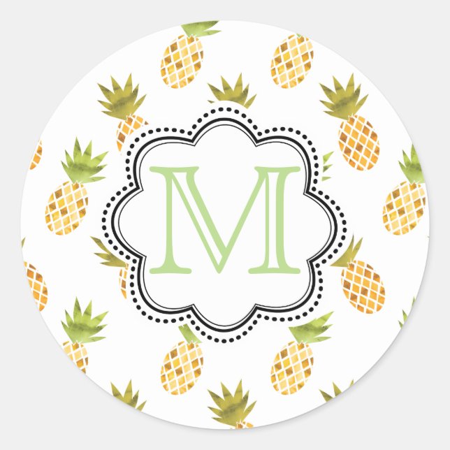 Mosaic-Like Tropical Watercolor Pineapple Pattern Classic Round Sticker (Front)