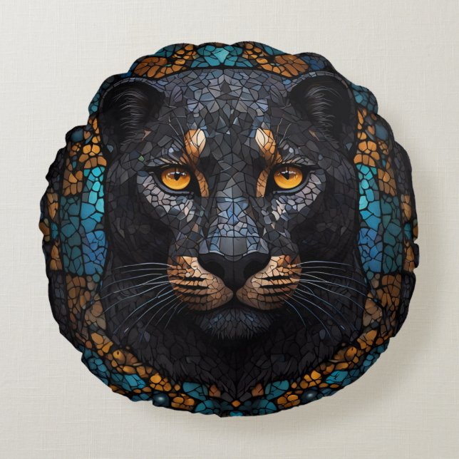 Mosaic Majesty: The Black Panther Round Cushion (Front)