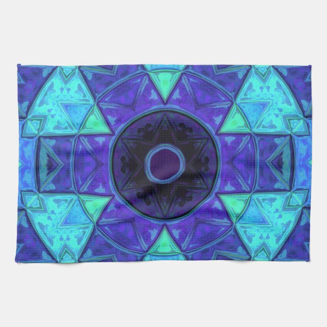 Mosaic Mandala Blue and Purple Tea Towel (Horizontal)