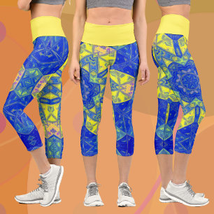 Mosaic Mandala Blue and Yellow Capri Leggings