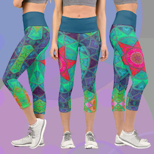 Mosaic Mandala Blue Green and Red Capri Leggings