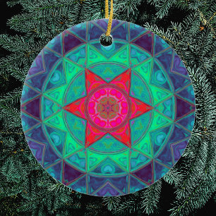 Mosaic Mandala Blue Green and Red Ceramic Tree Decoration