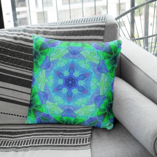 Mosaic Mandala Flower Blue and Green Cushion