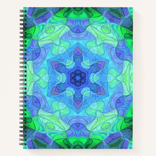 Mosaic Mandala Flower Blue and Green Notebook (Front)