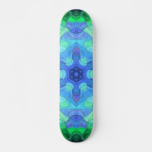 Mosaic Mandala Flower Blue and Green Skateboard (Front)