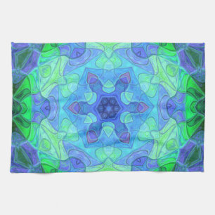 Mosaic Mandala Flower Blue and Green Tea Towel