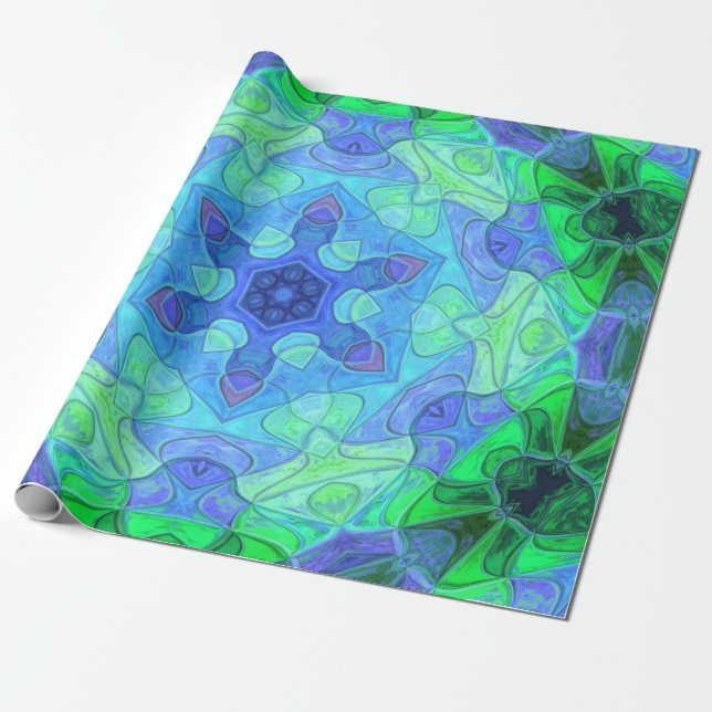 Mosaic Mandala Flower Blue and Green Wrapping Paper (Unrolled)