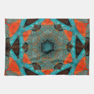 Mosaic Mandala Flower Blue and Orange Tea Towel