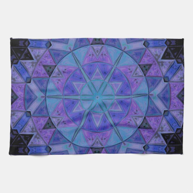 Mosaic Mandala Flower Blue and Purple Tea Towel (Horizontal)