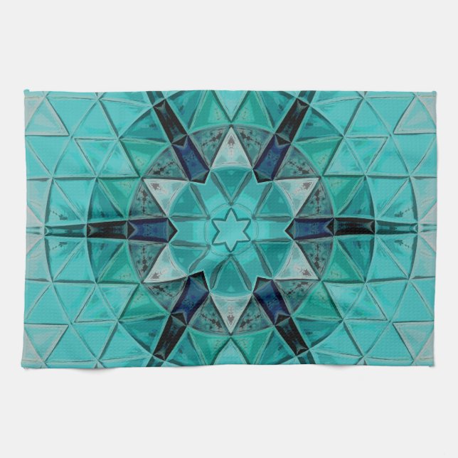 Mosaic Mandala Flower Blue and White Tea Towel (Horizontal)