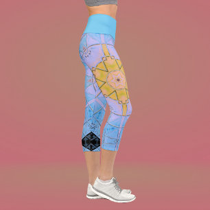 Mosaic Mandala Flower Blue and Yellow Capri Leggings