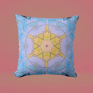 Mosaic Mandala Flower Blue and Yellow Cushion