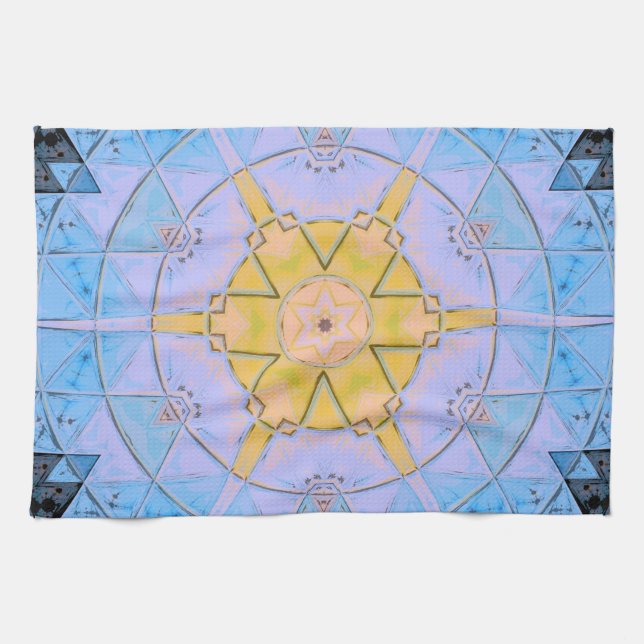Mosaic Mandala Flower Blue and Yellow Tea Towel (Horizontal)