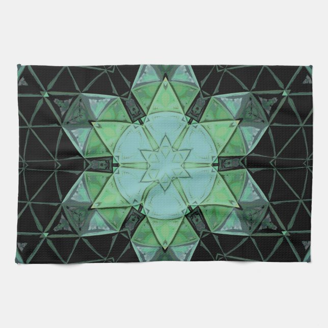 Mosaic Mandala Flower Blue Green and Black Tea Towel (Horizontal)