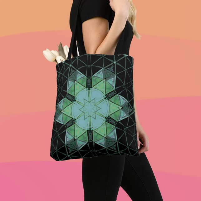 Mosaic Mandala Flower Blue Green and Black Tote Bag (Creator Uploaded)