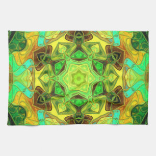 Mosaic Mandala Flower Green Blue and Yellow Tea Towel