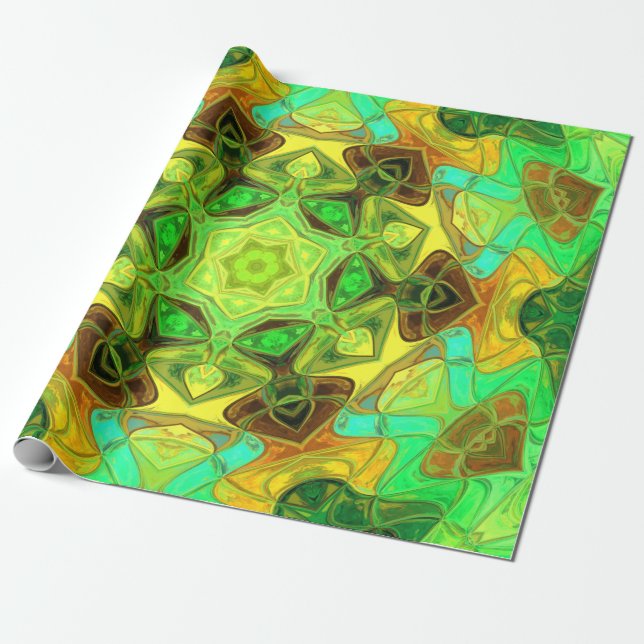 Mosaic Mandala Flower Green Blue and Yellow Wrapping Paper (Unrolled)