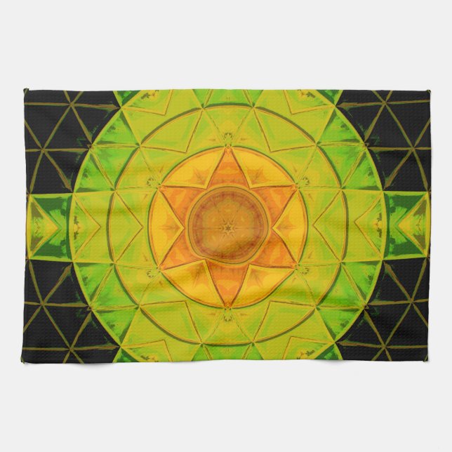 Mosaic Mandala Flower Green Orange and Black Tea Towel (Horizontal)