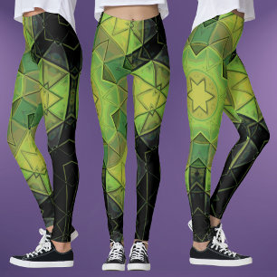 Mosaic Mandala Flower Green Yellow and Black Leggings