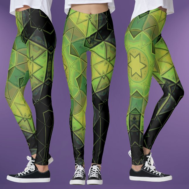 Mosaic Mandala Flower Green Yellow and Black Leggings (Creator Uploaded)