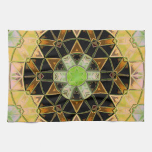 Mosaic Mandala Flower Green Yellow and Black Tea Towel