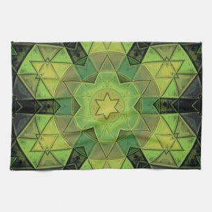 Mosaic Mandala Flower Green Yellow and Black Tea Towel