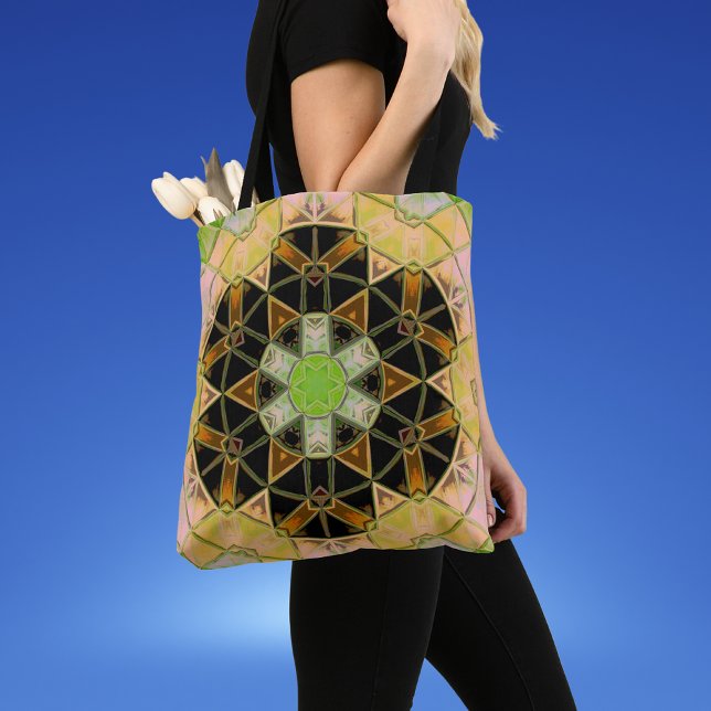 Mosaic Mandala Flower Green Yellow and Black Tote Bag (Creator Uploaded)