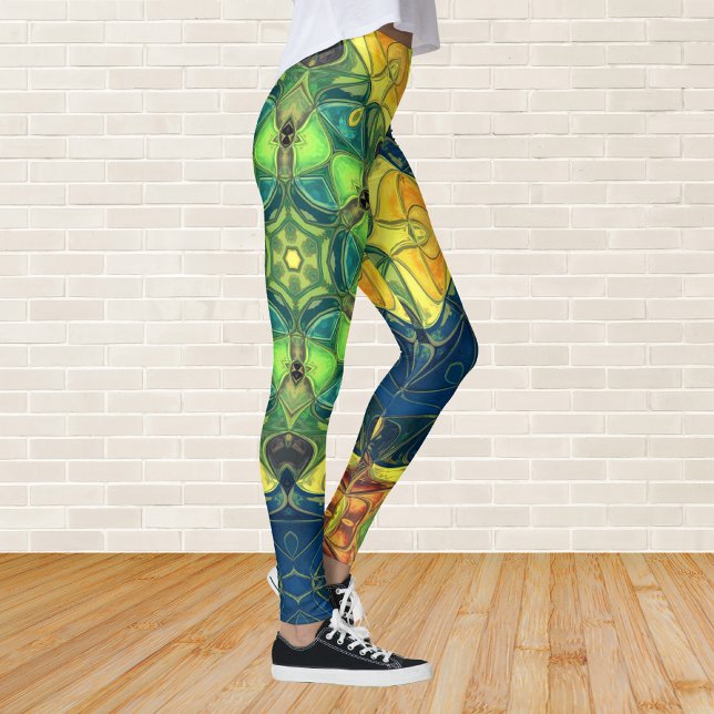 Mosaic Mandala Flower Green Yellow and Blue Leggings (Creator Uploaded)