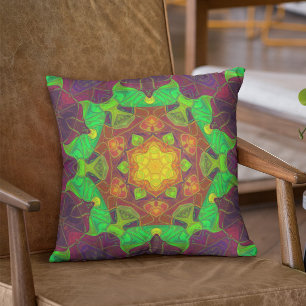 Mosaic Mandala Flower Green Yellow and Purple Cushion