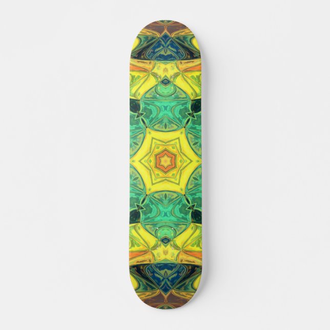 Mosaic Mandala Flower Green Yellow Blue and Orange Skateboard (Front)