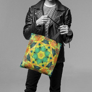 Mosaic Mandala Flower Green Yellow Blue and Orange Tote Bag