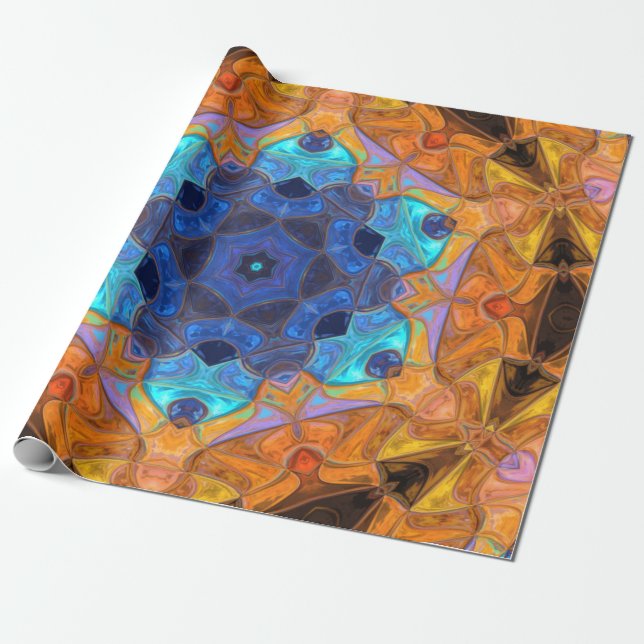 Mosaic Mandala Flower Orange and Blue Wrapping Paper (Unrolled)