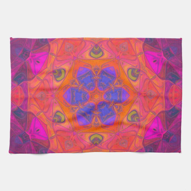 Mosaic Mandala Flower Orange Purple and Pink Tea Towel (Horizontal)