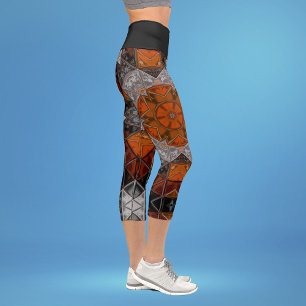 Mosaic Mandala Flower Orange White and Black Capri Leggings