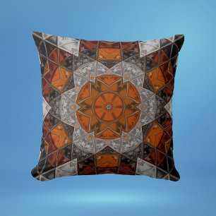 Mosaic Mandala Flower Orange White and Black Cushion
