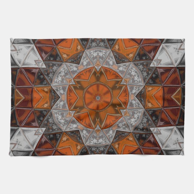 Mosaic Mandala Flower Orange White and Black Tea Towel (Horizontal)