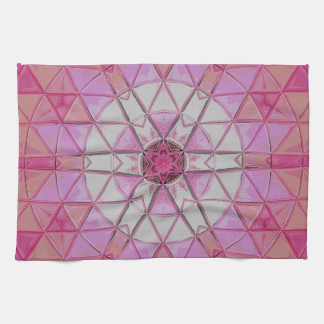 Mosaic Mandala Flower Pink and White Tea Towel (Horizontal)