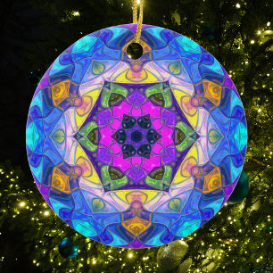 Mosaic Mandala Flower Pink Blue and Yellow Ceramic Tree Decoration