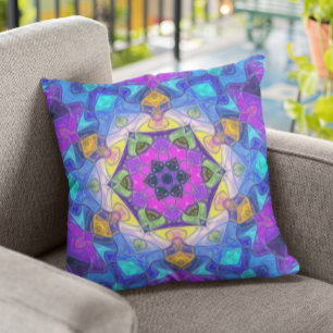 Mosaic Mandala Flower Pink Blue and Yellow Cushion