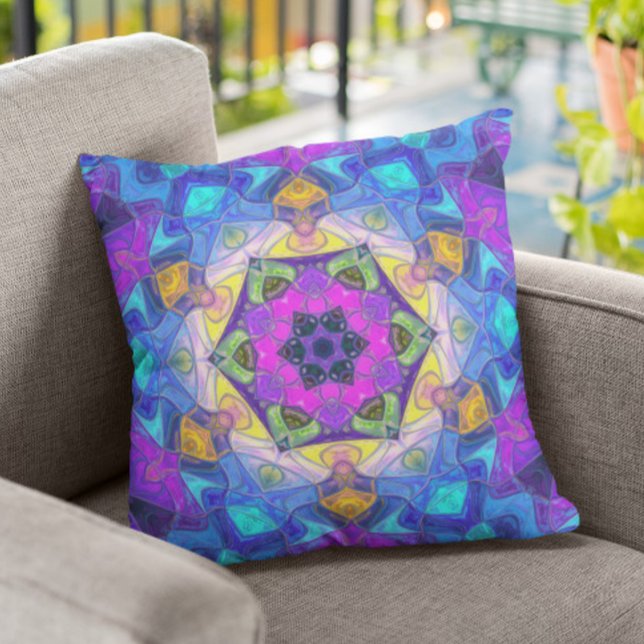 Mosaic Mandala Flower Pink Blue and Yellow Cushion (Creator Uploaded)