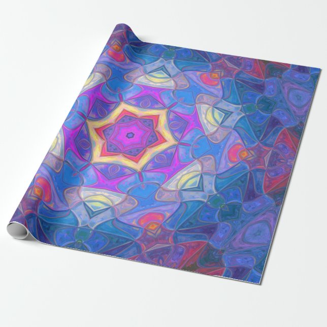 Mosaic Mandala Flower Pink Blue and Yellow Wrapping Paper (Unrolled)