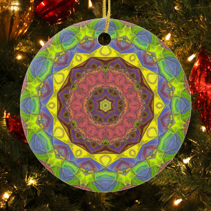 Mosaic Mandala Flower Pink Yellow and Green Ceramic Tree Decoration