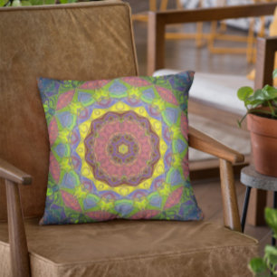 Mosaic Mandala Flower Pink Yellow and Green Cushion
