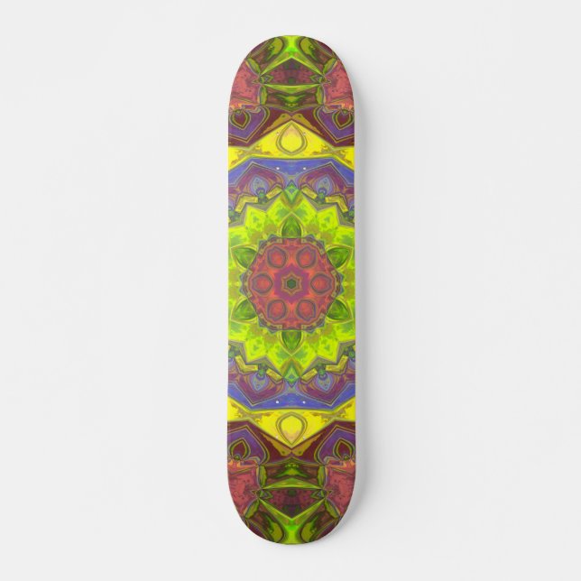 Mosaic Mandala Flower Pink Yellow and Green Skateboard (Front)