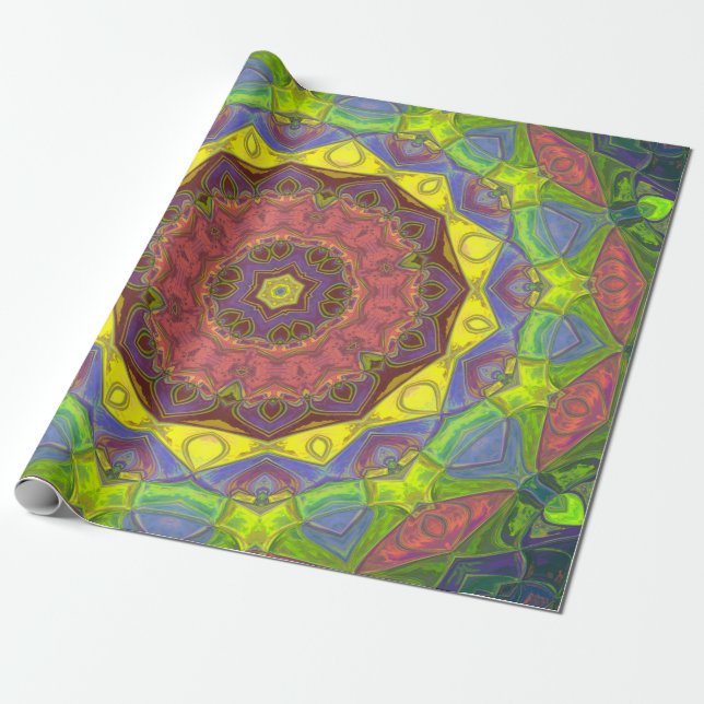 Mosaic Mandala Flower Pink Yellow and Green Wrapping Paper (Unrolled)