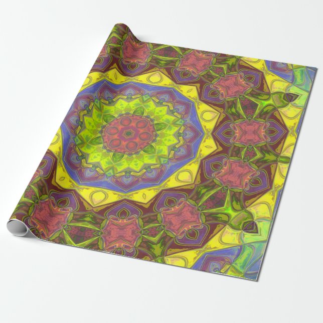 Mosaic Mandala Flower Pink Yellow and Green Wrapping Paper (Unrolled)
