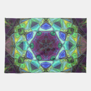 Mosaic Mandala Flower Purple Blue and Green Tea Towel