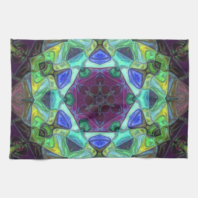 Mosaic Mandala Flower Purple Blue and Green Tea Towel (Horizontal)
