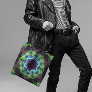 Mosaic Mandala Flower Purple Blue and Green Tote Bag